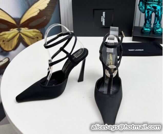 Sumptuous Saint Laurent Slingback Pumps 11cm in Satin with Strass Buckle Strap Black 1226091