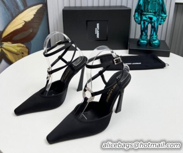 Sumptuous Saint Laurent Slingback Pumps 11cm in Satin with Strass Buckle Strap Black 1226091