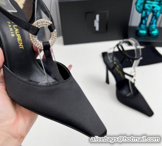 Sumptuous Saint Laurent Slingback Pumps 11cm in Satin with Strass Buckle Strap Black 1226091