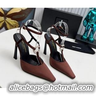 Pretty Style Saint Laurent Slingback Pumps 11cm in Satin with Strass Buckle Strap Brown 1226092