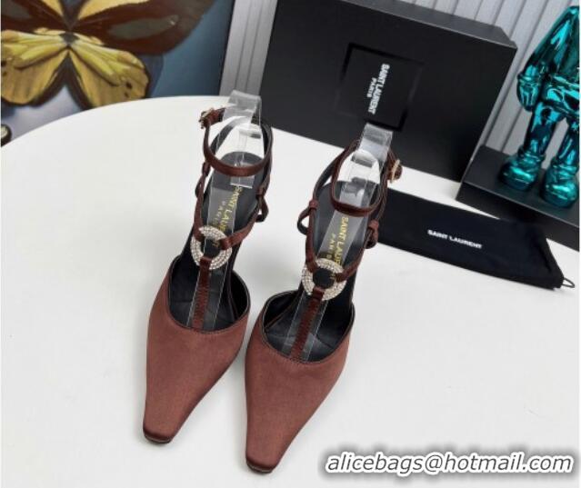 Pretty Style Saint Laurent Slingback Pumps 11cm in Satin with Strass Buckle Strap Brown 1226092