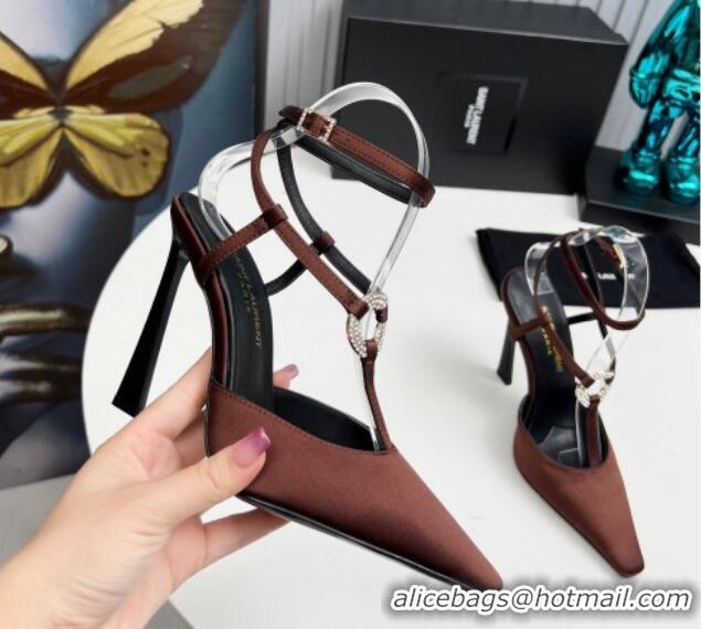 Pretty Style Saint Laurent Slingback Pumps 11cm in Satin with Strass Buckle Strap Brown 1226092