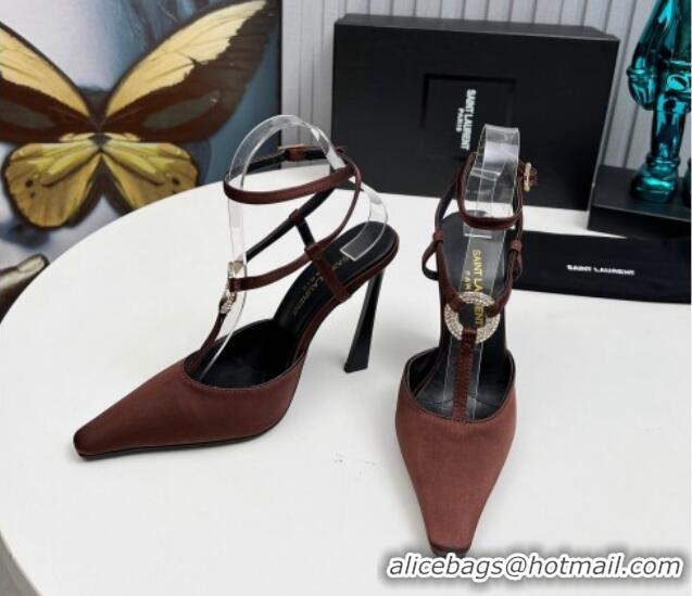 Pretty Style Saint Laurent Slingback Pumps 11cm in Satin with Strass Buckle Strap Brown 1226092