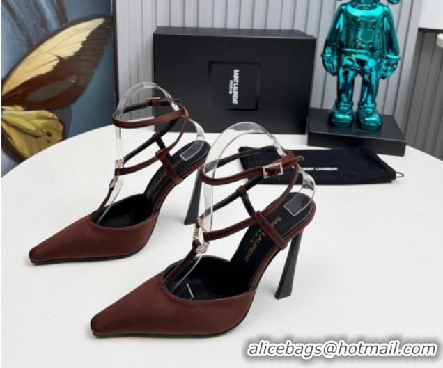 Pretty Style Saint Laurent Slingback Pumps 11cm in Satin with Strass Buckle Strap Brown 1226092