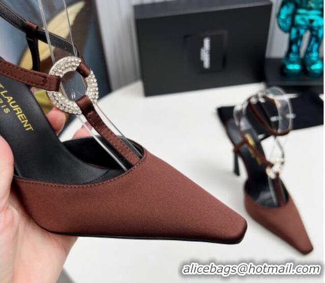 Pretty Style Saint Laurent Slingback Pumps 11cm in Satin with Strass Buckle Strap Brown 1226092