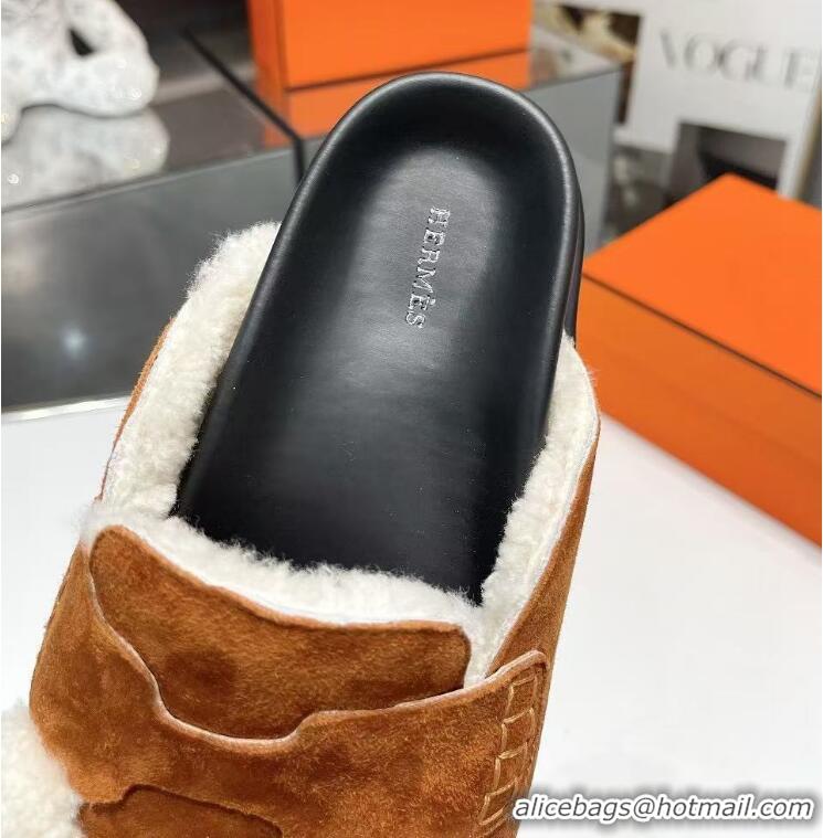 Hermes Go Mule In Suede Goatskin With Shearling H8741 Brown/Black