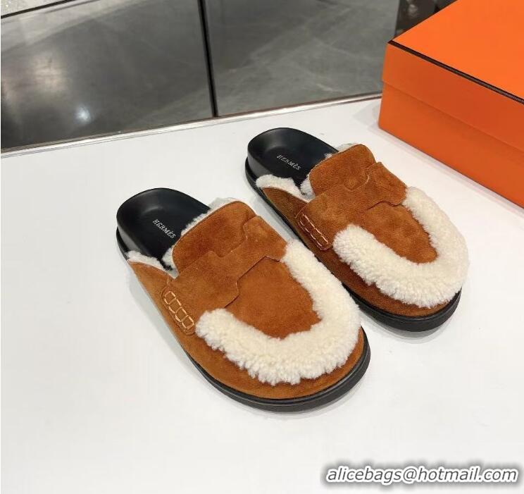 Hermes Go Mule In Suede Goatskin With Shearling H8741 Brown/Black