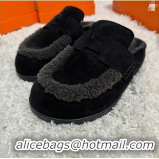 Top Grade Hermes Go Mule In Suede Goatskin With Shearling H8741 Black