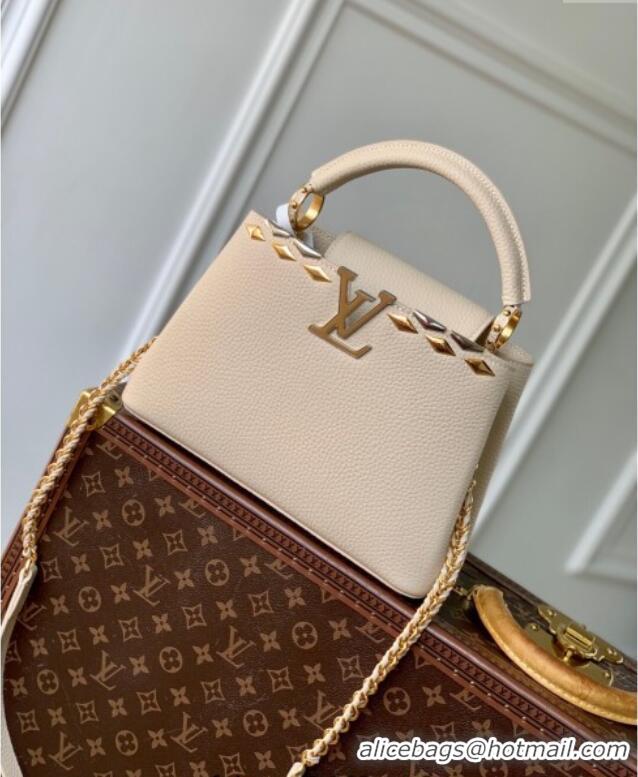 Most Popular Louis Vuitton Capucines BB Bag in Black Taurillon Leather with Maxi Studs M11964 Quartz Beige 2025