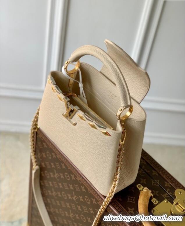 Most Popular Louis Vuitton Capucines BB Bag in Black Taurillon Leather with Maxi Studs M11964 Quartz Beige 2025