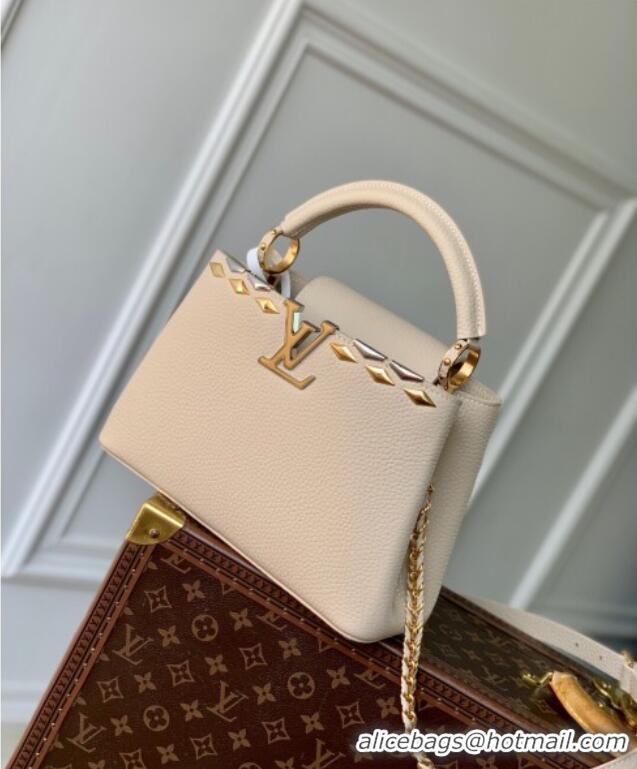 Most Popular Louis Vuitton Capucines BB Bag in Black Taurillon Leather with Maxi Studs M11964 Quartz Beige 2025