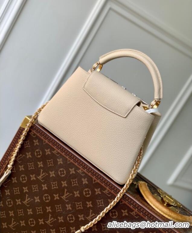 Most Popular Louis Vuitton Capucines BB Bag in Black Taurillon Leather with Maxi Studs M11964 Quartz Beige 2025