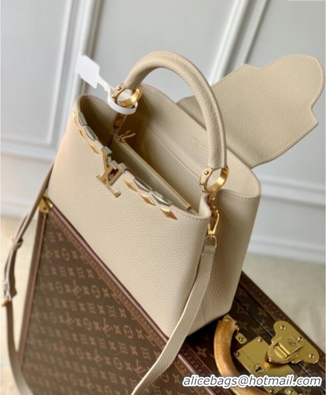 Famous Brand Louis Vuitton Capucines MM Bag in Black Taurillon Leather with Maxi Studs M12135 Quartz Beige 2025