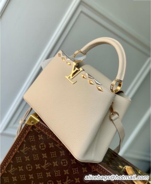 Famous Brand Louis Vuitton Capucines MM Bag in Black Taurillon Leather with Maxi Studs M12135 Quartz Beige 2025