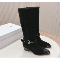 Good Looking Celine Suede High Boots 4.5cm with Buckle and Braided Trim Black 1223103