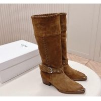 Best Product Celine Suede High Boots 4.5cm with Buckle and Braided Trim Light Brown 223105