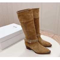 Low Cost Celine Suede High Boots 4.5cm with Buckle and Braided Trim Dark Beige 1223106