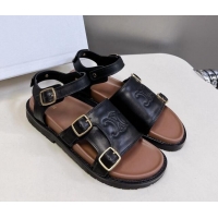 Unique Style Celine Mino Flat Sandals in Calfskin with Buckle Black 1223108