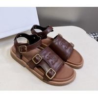 Good Product Celine Mino Flat Sandals in Calfskin with Buckle Dark Brown 1223109