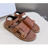 Luxurious Celine Mino Flat Sandals in Calfskin with Buckle Tan Brown 1223110