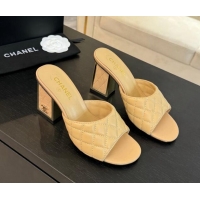 Grade Quality Chanel Quilted Lambskin Heel Slides Sandal 7cm Beige G45235 0102009