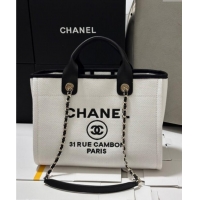 Luxurious Chanel Deauville Cotton & Calfskin Medium Shopping Bag CH0113 White/Black 2025