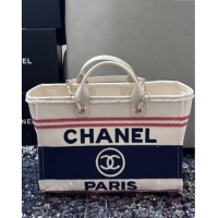 Shop Cheap Chanel Deauville Cotton & Calfskin Large Shopping Bag CH0113 Navy Blue 2025