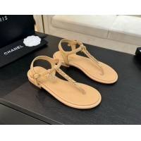 Top Design Chanel Lambskin Flat Thong Sandals with Chain Beige 0102046