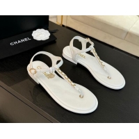 Unique Style Chanel Lambskin Flat Thong Sandals with Chain White 0102048