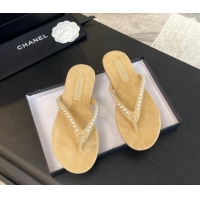 Pretty Style Chanel Suede Flat Thong Slide Sandals with Pearls G46205 Beige 0102050