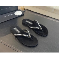 Perfect Chanel Suede Flat Thong Slide Sandals with Pearls G46205 Black 0102051