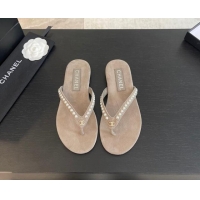 Popular Style Chanel Suede Flat Thong Slide Sandals with Pearls G46205 Khaki Grey 0102052