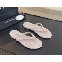 Charming Chanel Suede Flat Thong Slide Sandals with Pearls G46205 Purple Grey 0102053