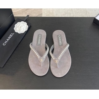 Trendy Design Chanel Suede Flat Thong Slide Sandals with Pearls G46205 Dark Grey 0102054