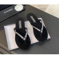 Good Quality Chanel Suede Flat Thong Slide Sandals with Strass G46205 Black 0102057