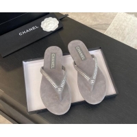 Cheap Price Chanel Suede Flat Thong Slide Sandals with Strass G46205 Dark Grey 0102058