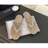 Luxury Discount Chanel Suede Flat Thong Slide Sandals with Strass G46205 Khaki Grey 0102059