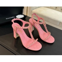 Sophisticated Chanel Lambskin Heel Sandals 8.5cm with Chain and Heart G46109 Pink 0102063