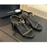 Top Design Chanel Lambskin Heel Sandals 4.5cm with Chain and Heart G46109 Black 0102066