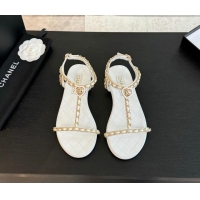 Shop Duplicate Chanel Lambskin Flat Sandals with Chain and Heart G46111 White 0102069