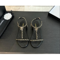 Pretty Style Chanel Lambskin Flat Sandals with Chain and Heart G46111 Black 0102071