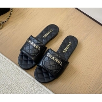 Classic Hot Chanel Calfskin Flat Slides Sandal with Quilted Foldover Black 0102081