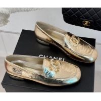 Top Design Chanel Shiny Calfskin Loafers with Strass and Chain CC G46157 Gold 0102089