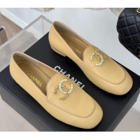 Grade Quality Chanel Lambskin Loafers with Strass and Chain CC G46157 Yellow 0102090