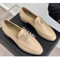 Pretty Style Chanel Lambskin Loafers with Strass and Chain CC G46157 Beige 0102092