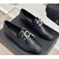 Good Looking Chanel Lambskin Loafers with Strass and Chain CC G46157 Black 0102093