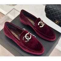 Shop Duplicate Chanel Velvet Loafers with Strass and Chain CC G46157 Dark Burgundy 0102095