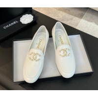 Top Grade Chanel Shiny Calfskin Loafers with Strass and Chain CC G46157 White 0102097