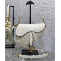 Best Price Dior Medium Saddle Bag with Strap in Latte White Smooth Calfskin and Oblique Denim with Gold-Tone Metallic Th