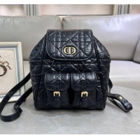 Good Quality Dior Medium Dior Caro Backpack Bag in Cinkled Calfskin 6301 Black 2025